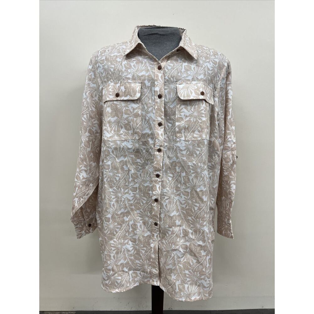 Lands End Shirt Womens Sz 2XL 20W-22W Botanical Button White And Tan NWT $69.95